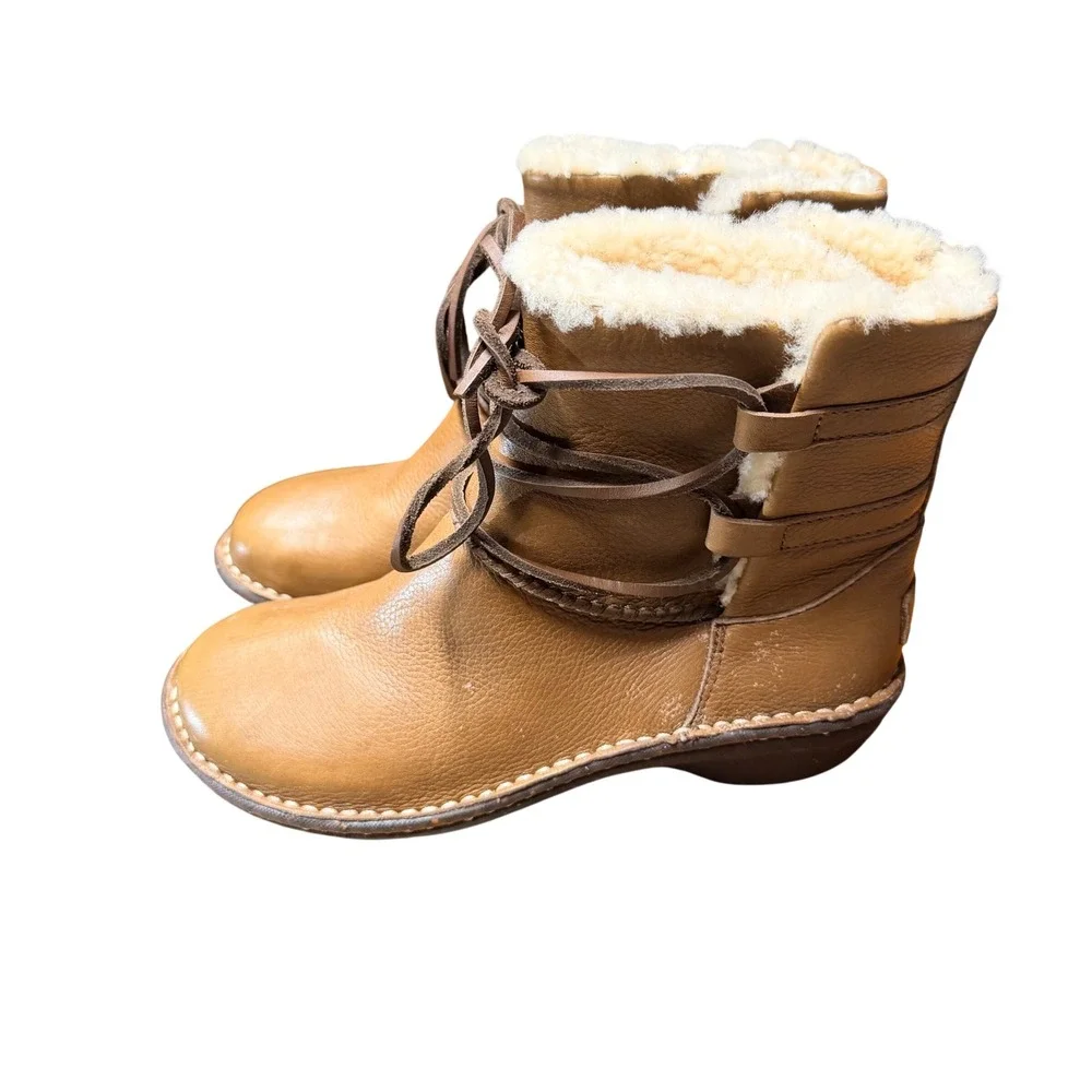 UGG Sunburst Tall Tan Brown Leather Shearling Lace Up Boots 1932 Womens 8
